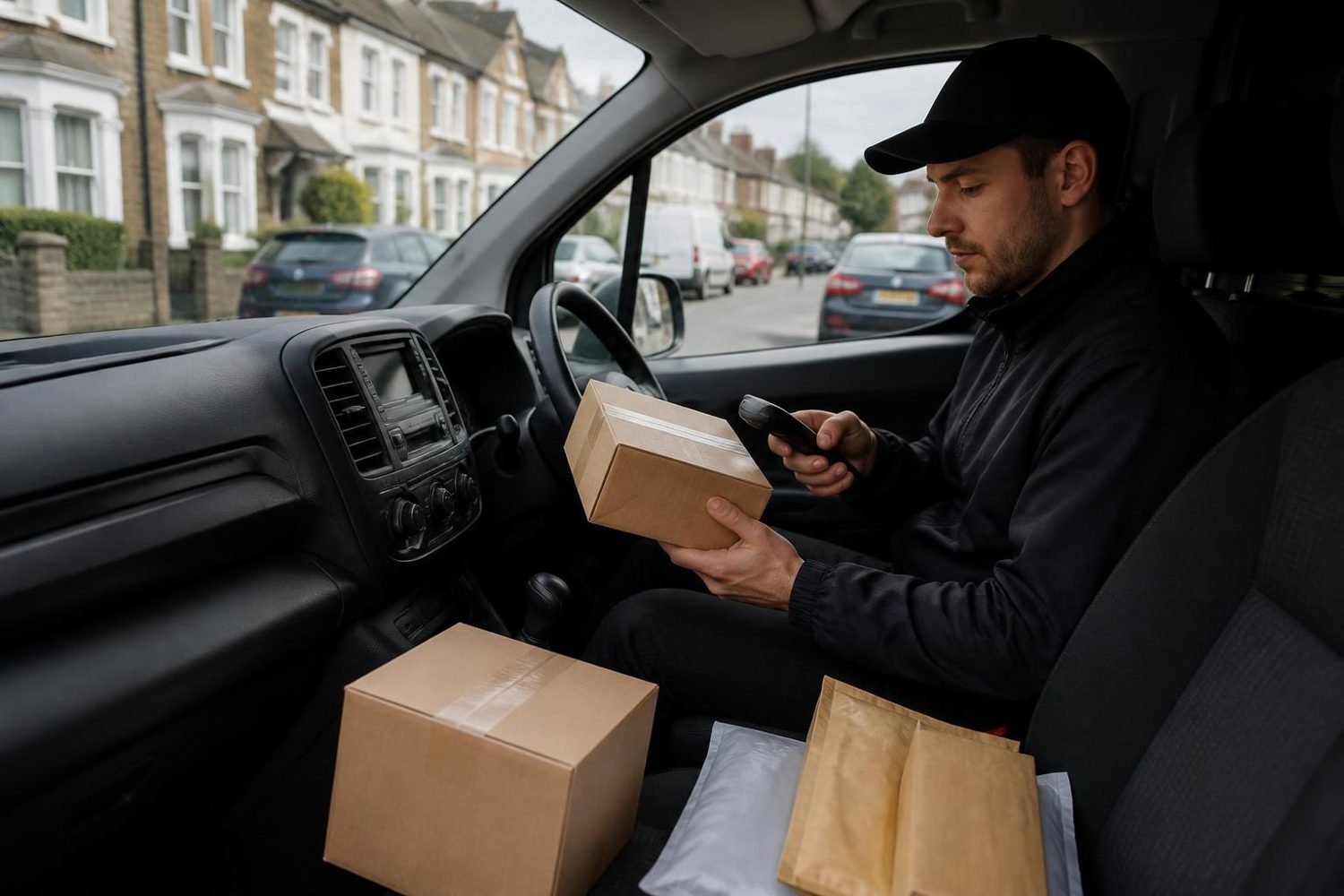 Courier in the driver's seat scanning parcels piled on the passenger seat