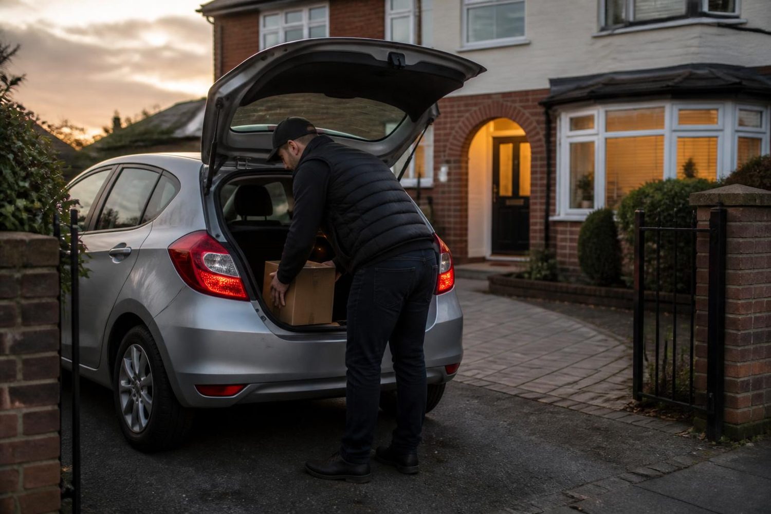 Driver loading a parcel into the boot of a hatchback on a home driveway at dusk
