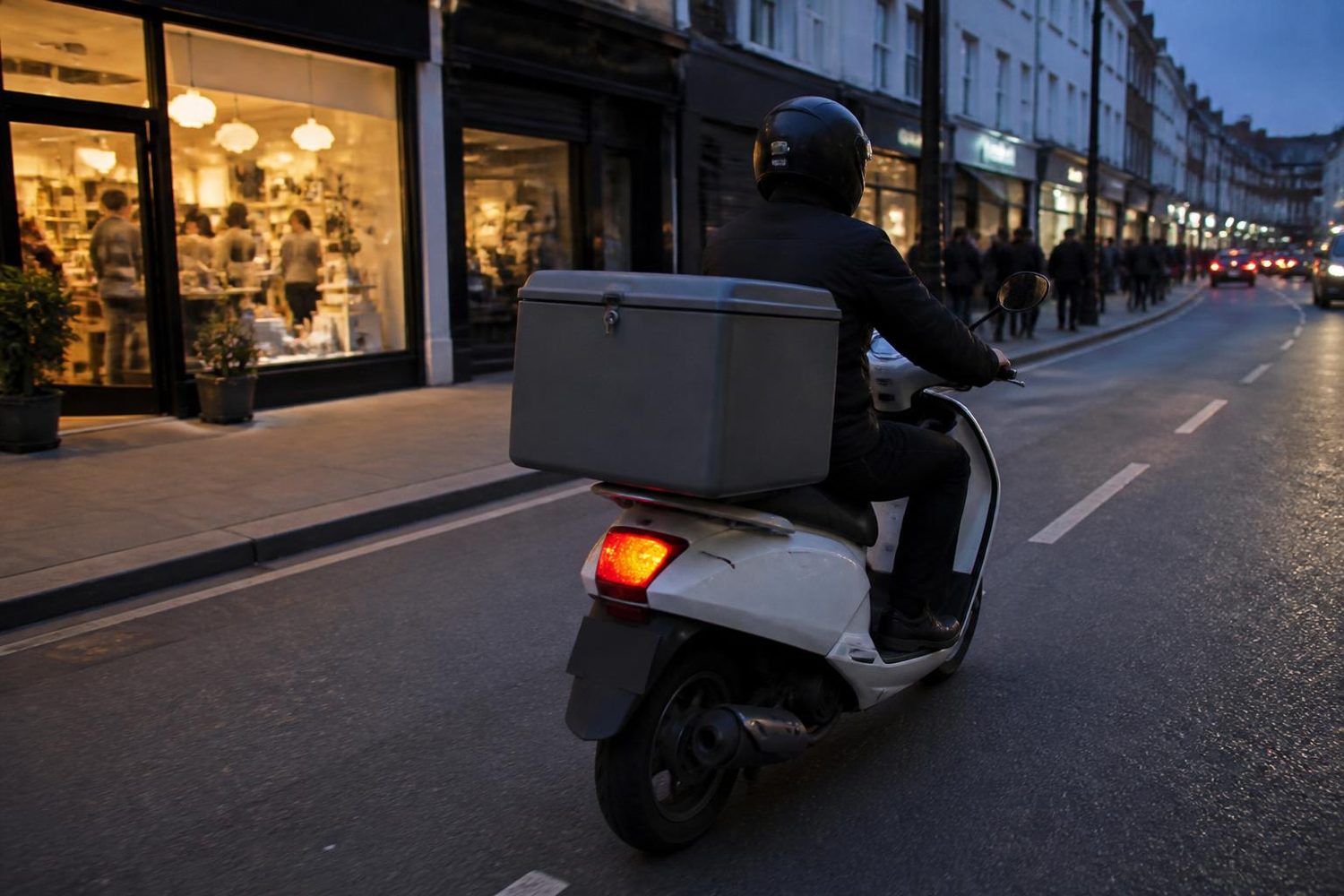 Courier riding a two-wheeler with a top box along a town high street at dusk