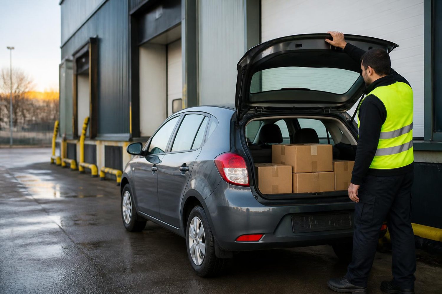 Driver closing a car boot full of parcels at a delivery station