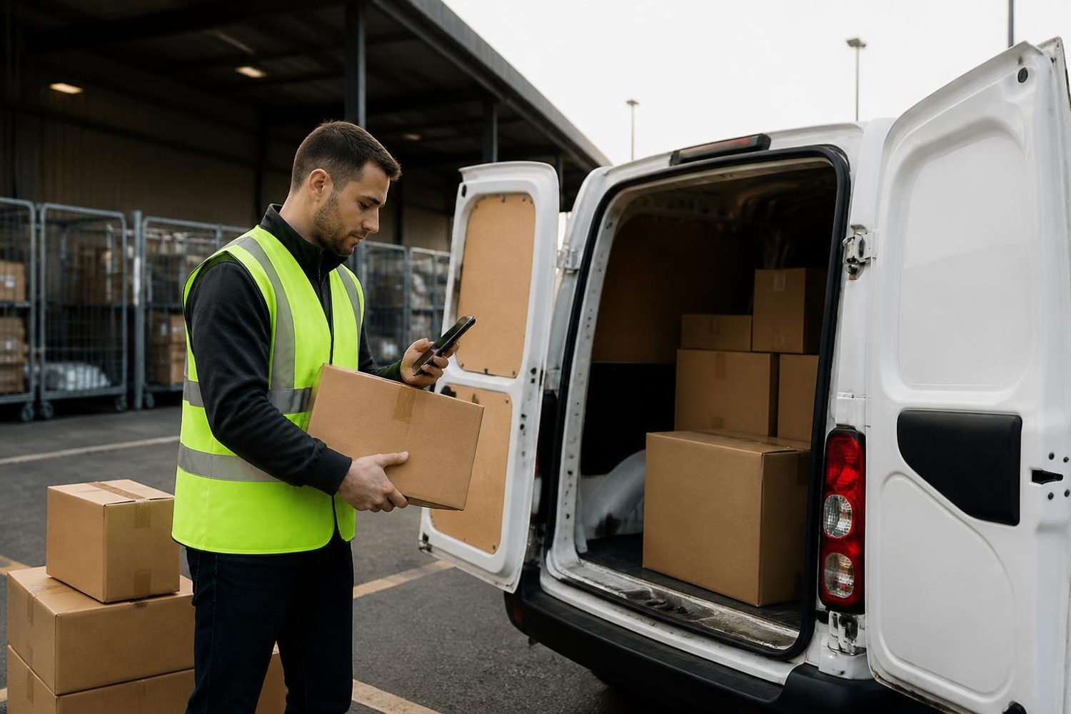Delivery driver in a hi-vis vest loading parcels into his own van at a delivery station