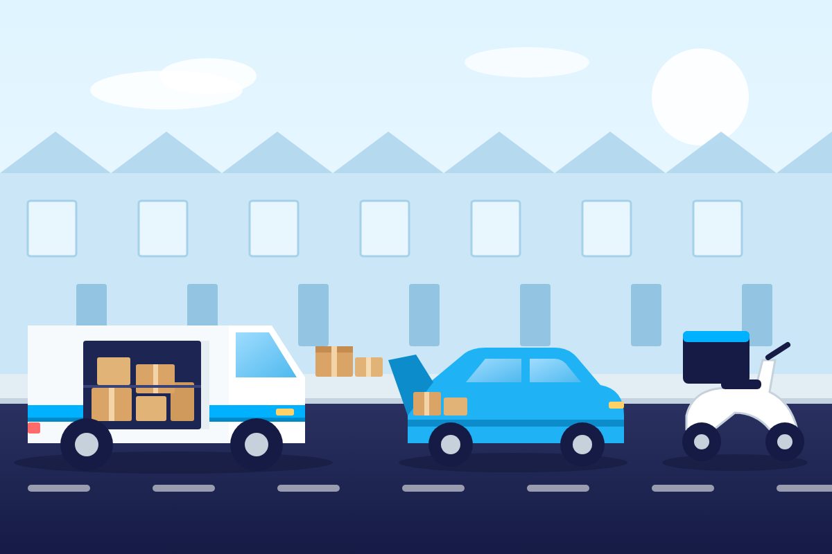 Illustration of a delivery van, a car with parcels in the boot and a moped with a delivery box on a UK street