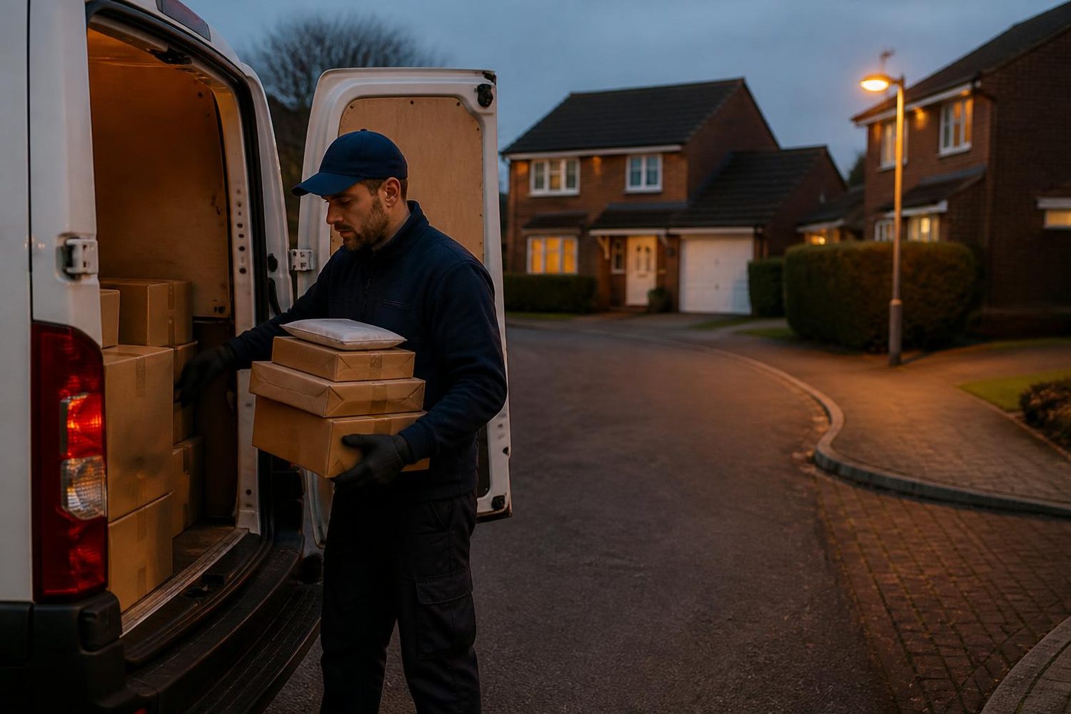 Van courier carrying parcels on an evening round in a quiet cul-de-sac