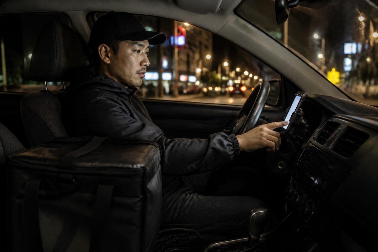Food delivery driver checking a new order on a phone in a parked car at night