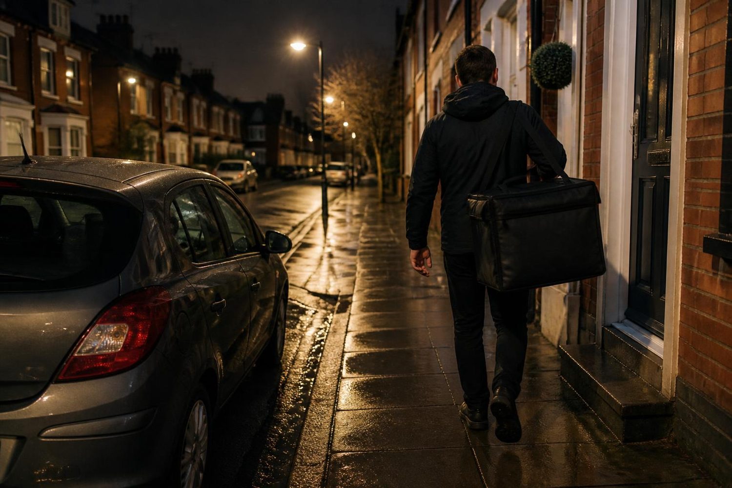 Food delivery driver carrying an insulated bag from a parked car at night