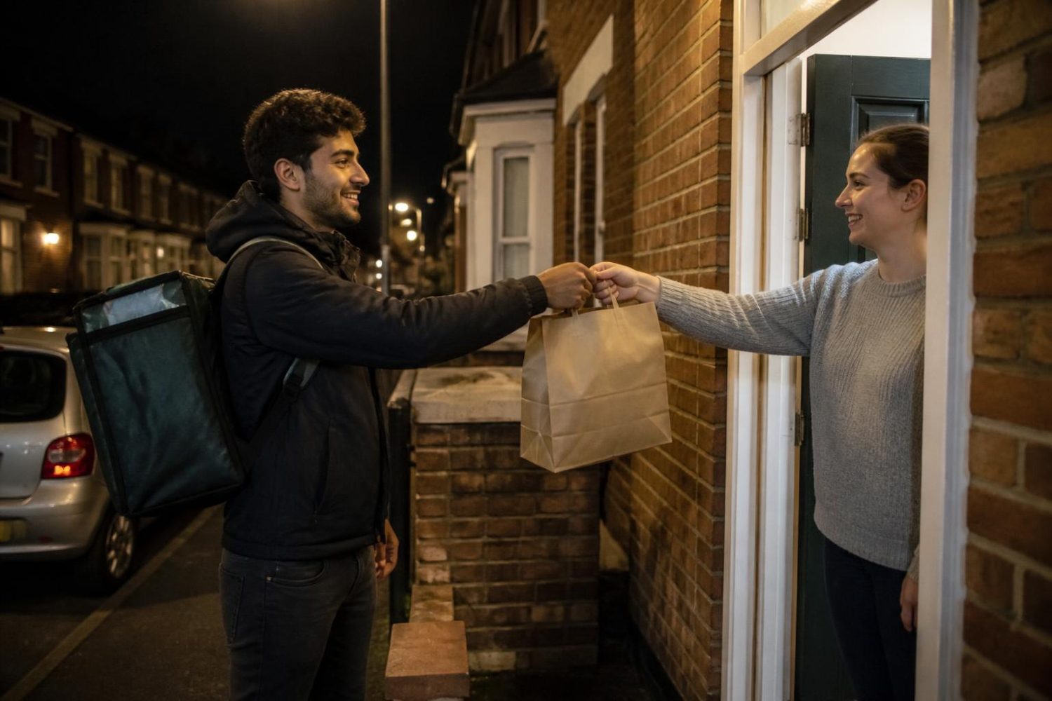Food delivery driver handing a takeaway bag to a customer at the door