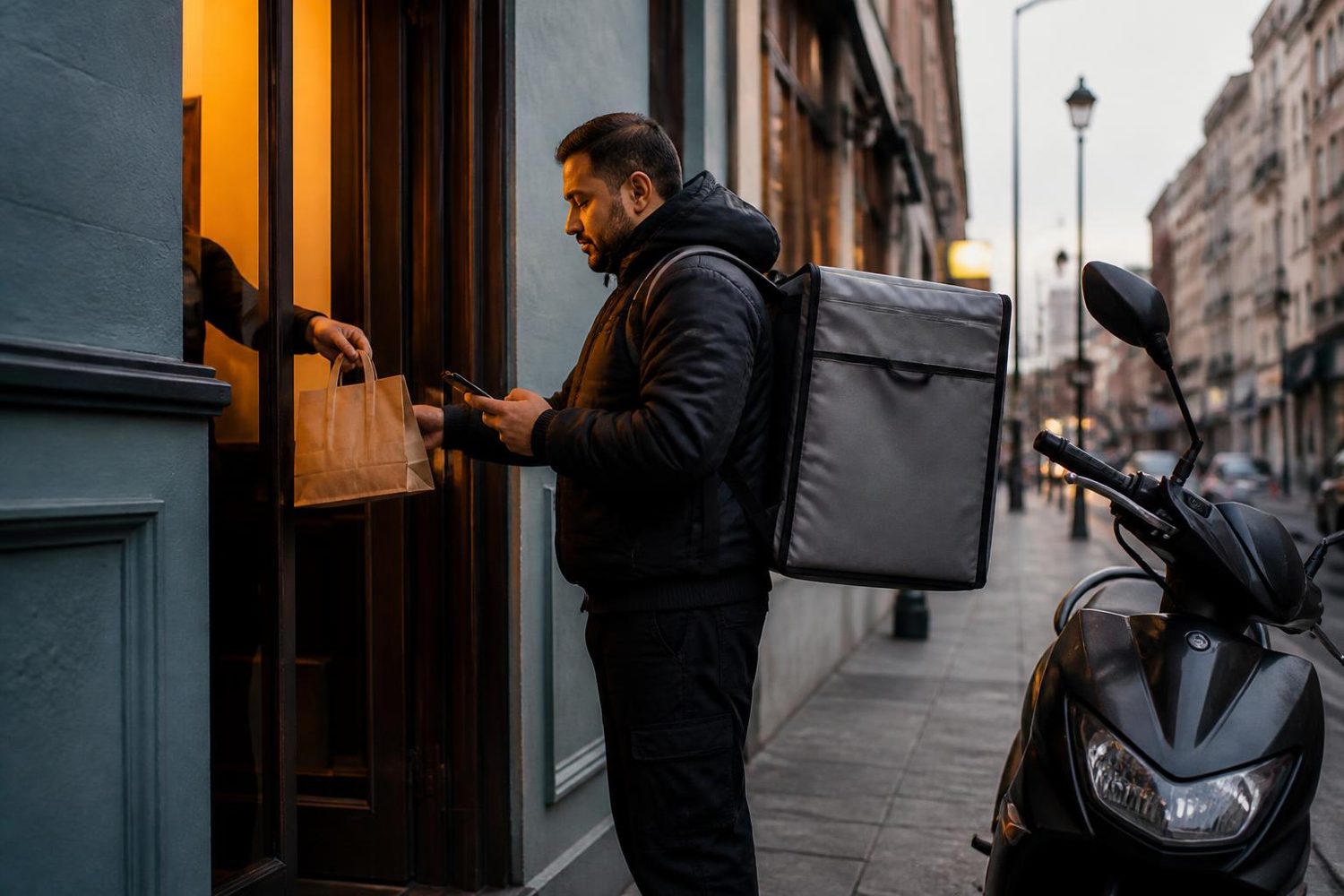 Food delivery rider collecting an order from a restaurant with a scooter parked outside