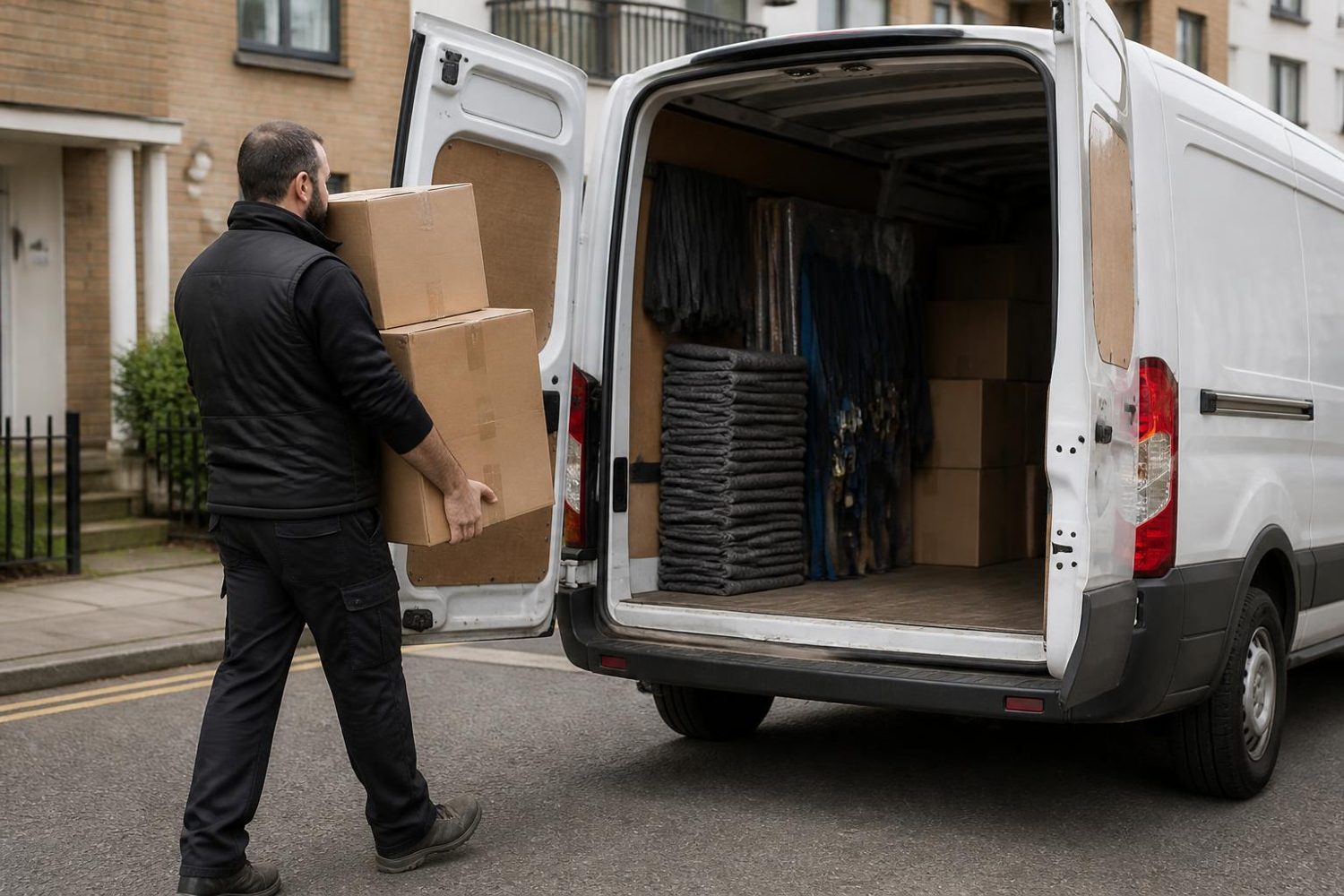 Man and van operator carrying moving boxes into a panel van