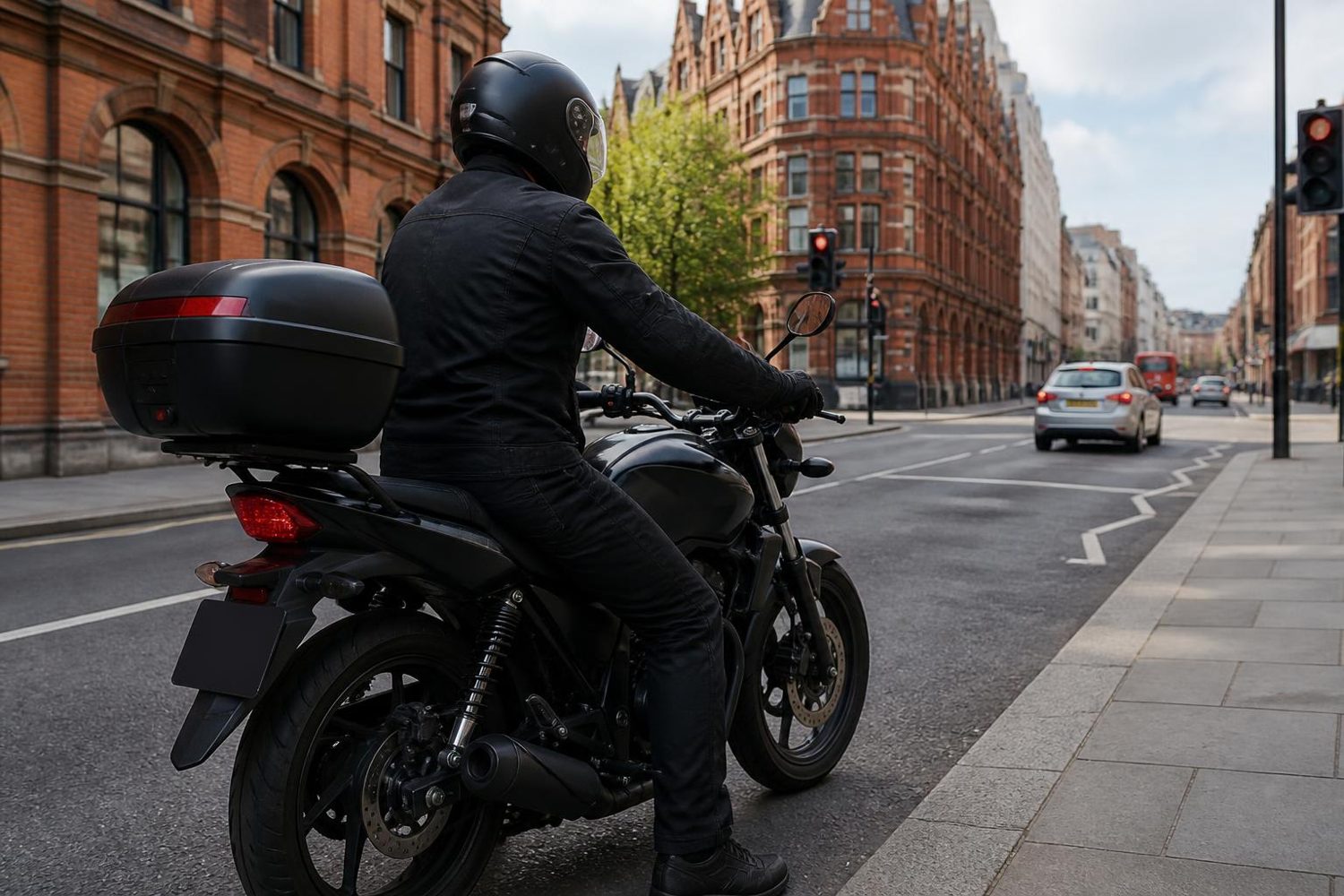 Motorcycle courier with a top box in a city street