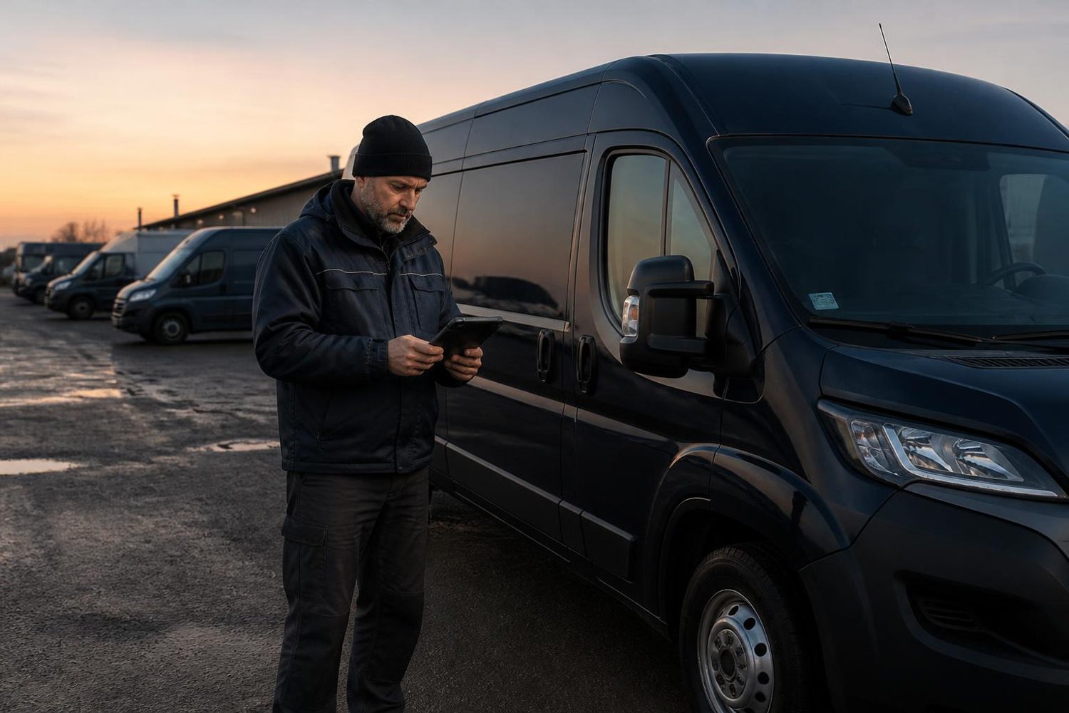 Owner-driver checking the day's route beside his van in a depot yard