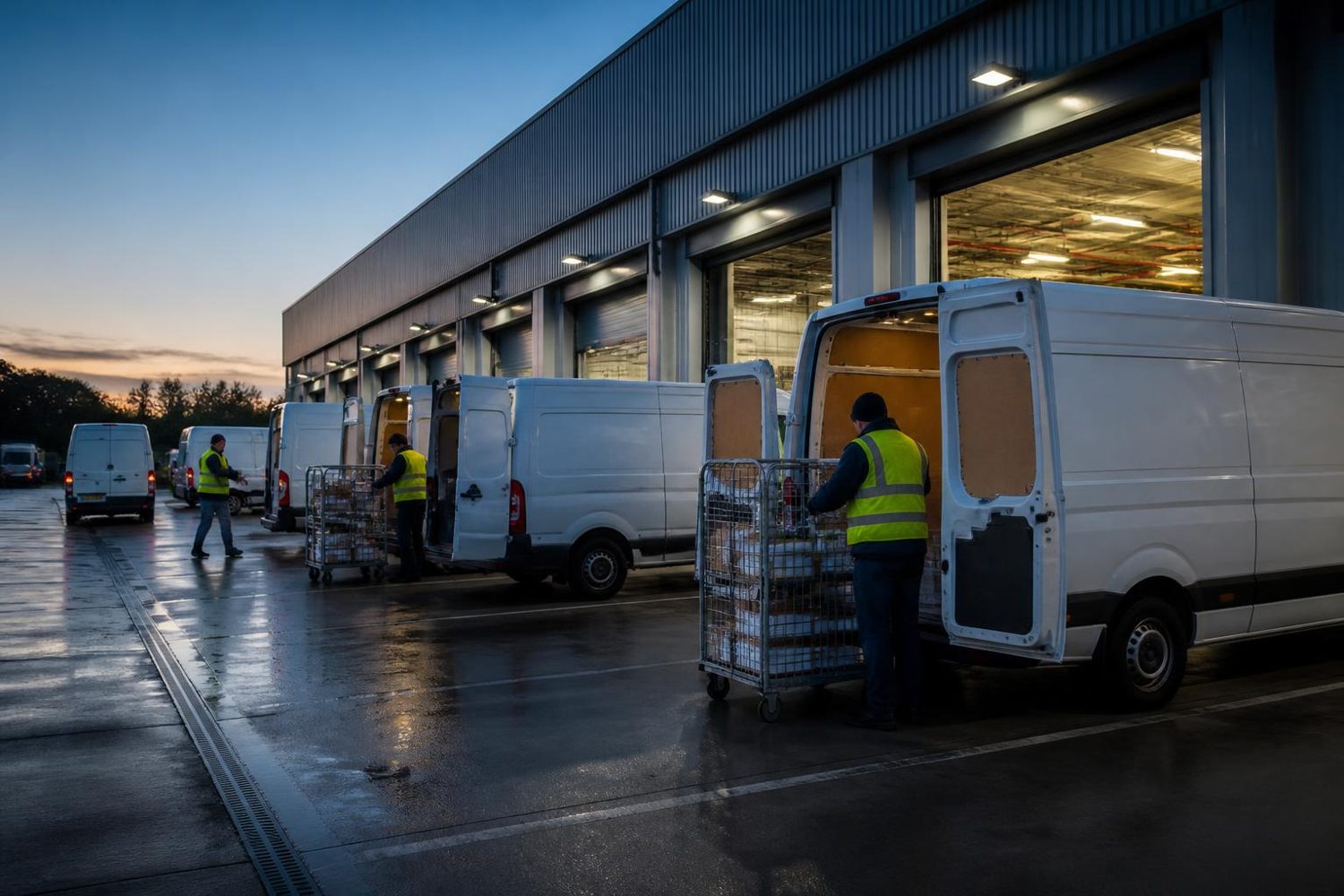 Vans being loaded with parcels at a delivery depot