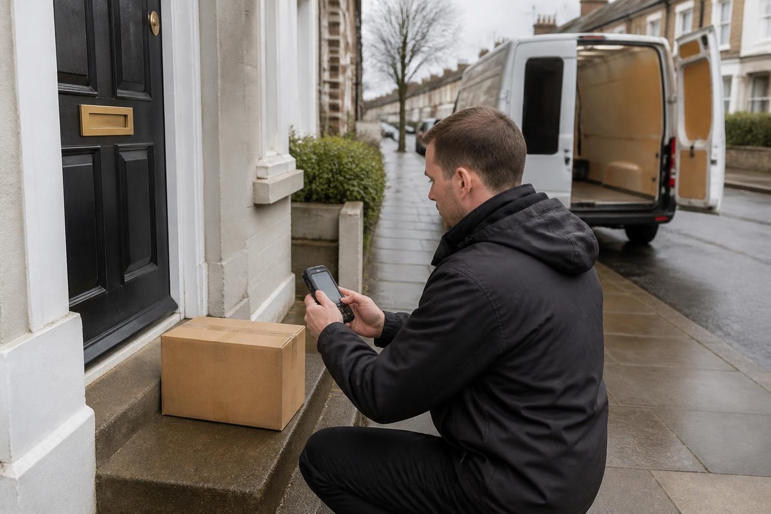 Courier photographing a parcel left on a doorstep with the van parked behind