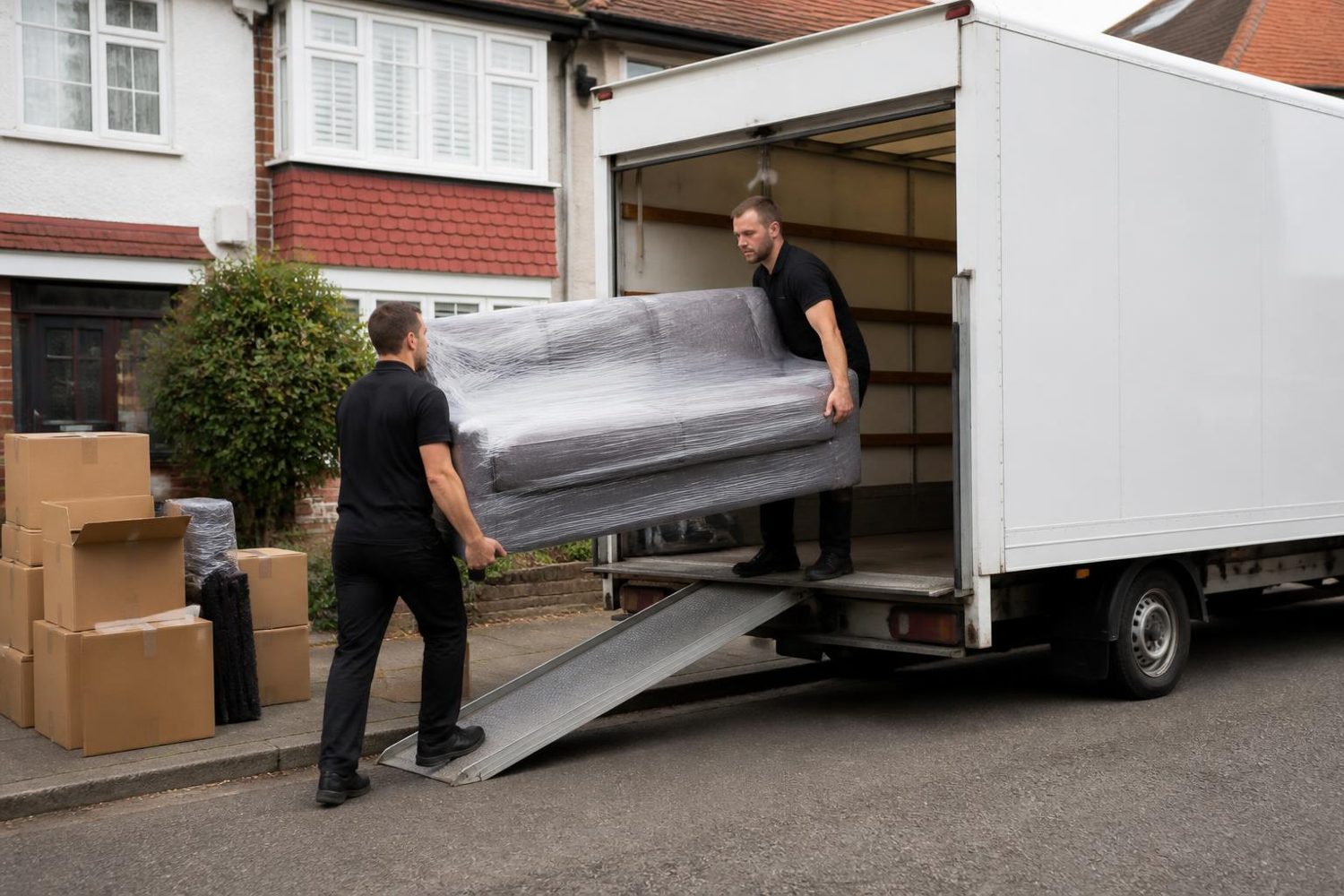 Removal workers loading a sofa into a Luton van