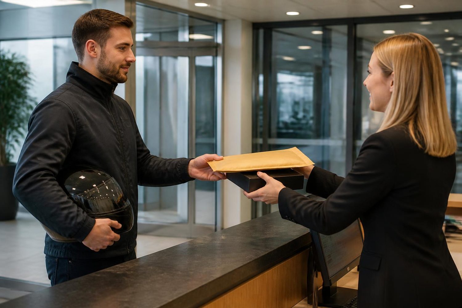 Same-day courier collecting an urgent package from an office reception