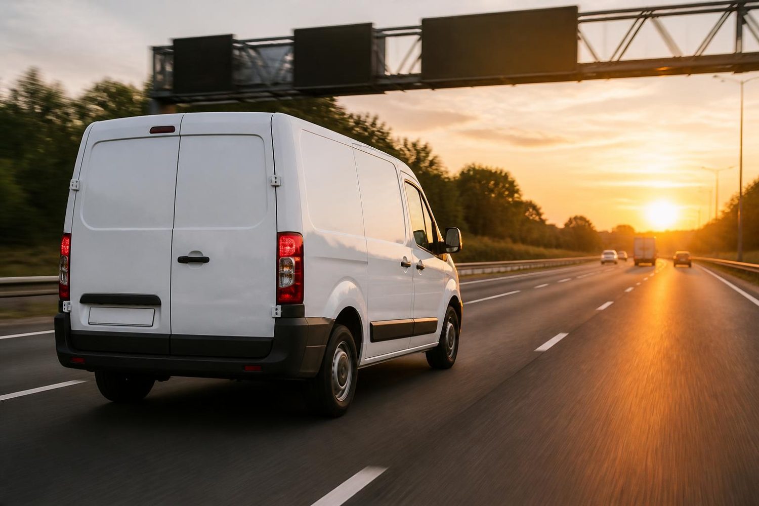 White courier van on a UK motorway at sunset