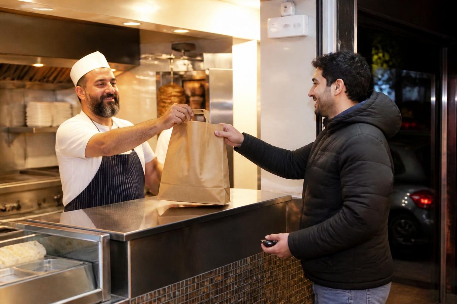 Takeaway staff handing a food order to a delivery driver at the counter