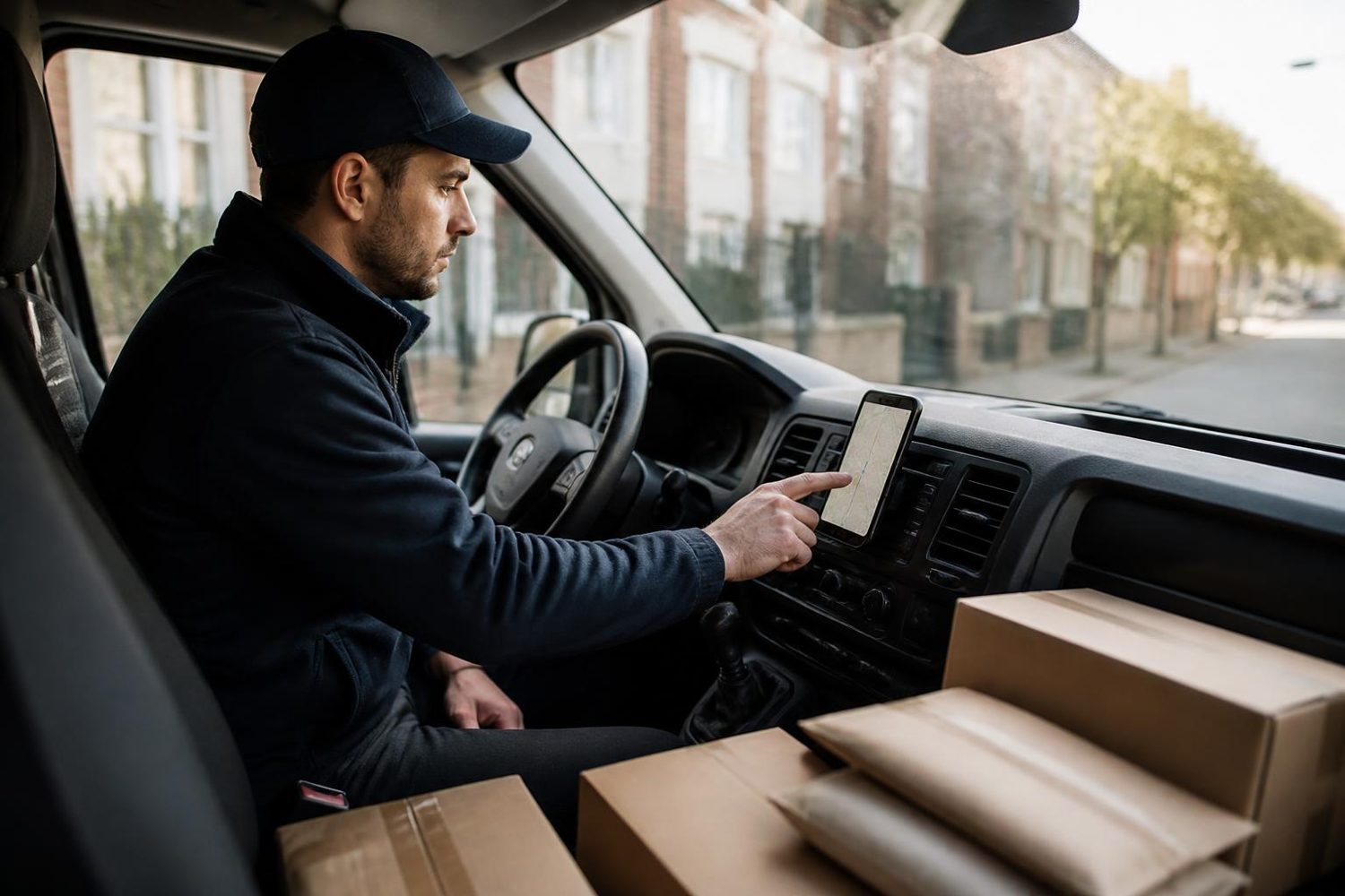Self-employed courier checking a delivery route in the van cab