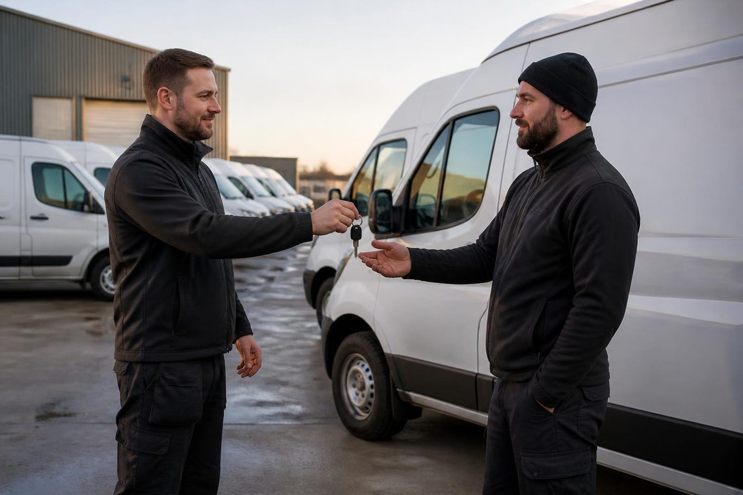 Courier drivers handing over van keys beside a row of vans