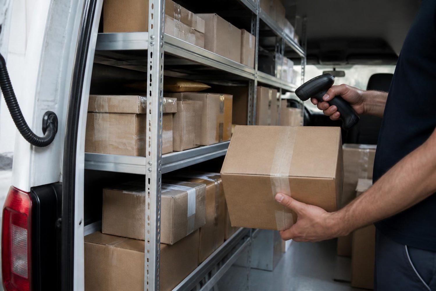 Parcels stacked on racking inside a courier van being scanned